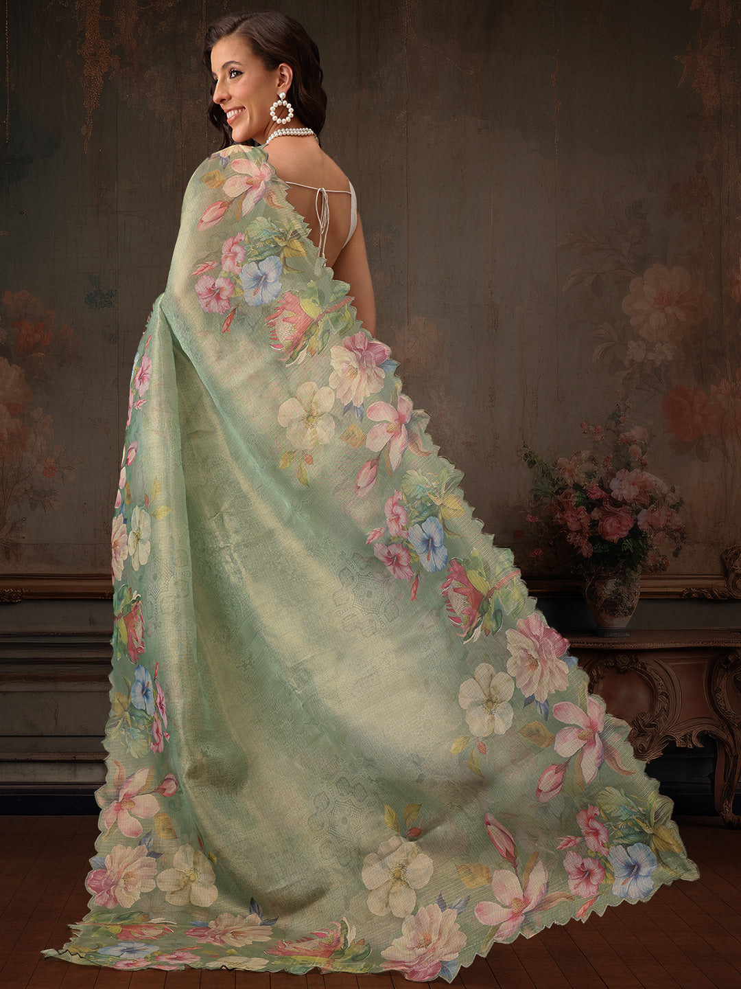 Green Kota Doria Tissue Silk Saree with Digital Floral Print