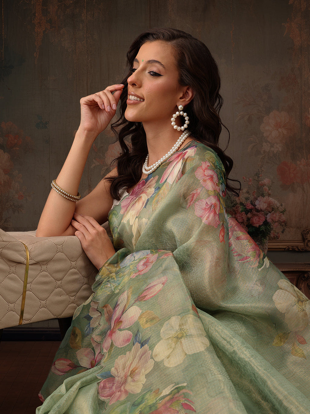 Green Kota Doria Tissue Silk Saree with Digital Floral Print
