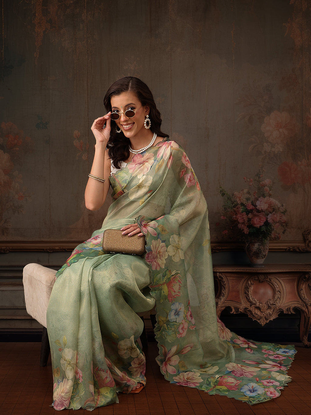 Green Kota Doria Tissue Silk Saree with Digital Floral Print