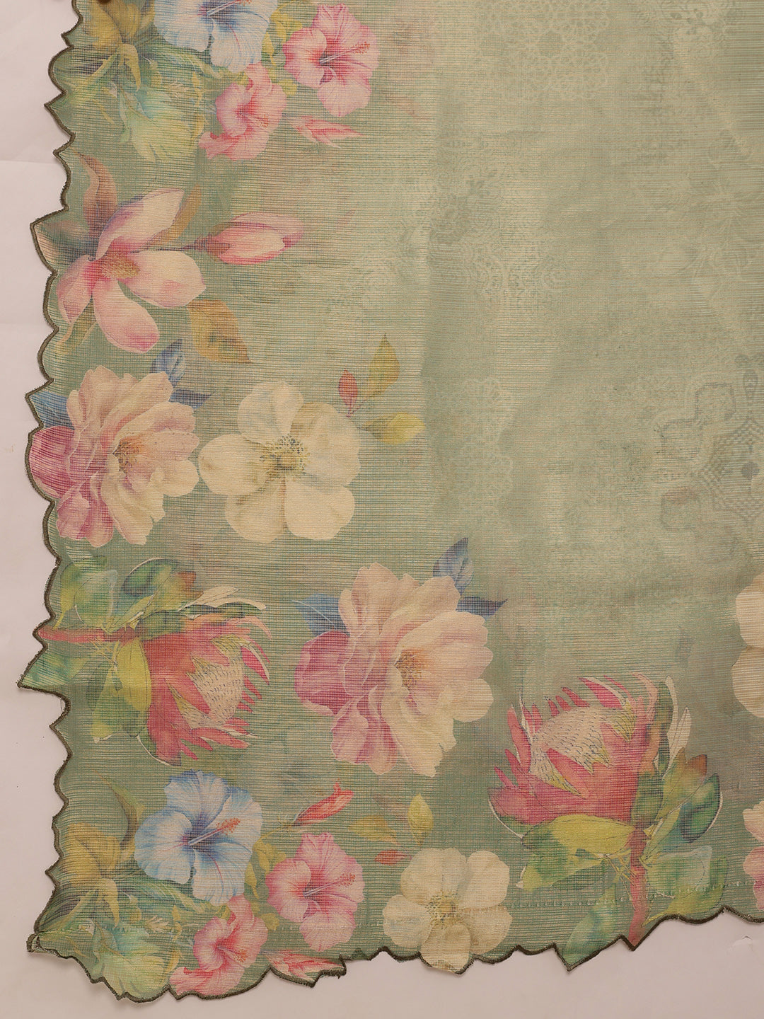 Green Kota Doria Tissue Silk Saree with Digital Floral Print