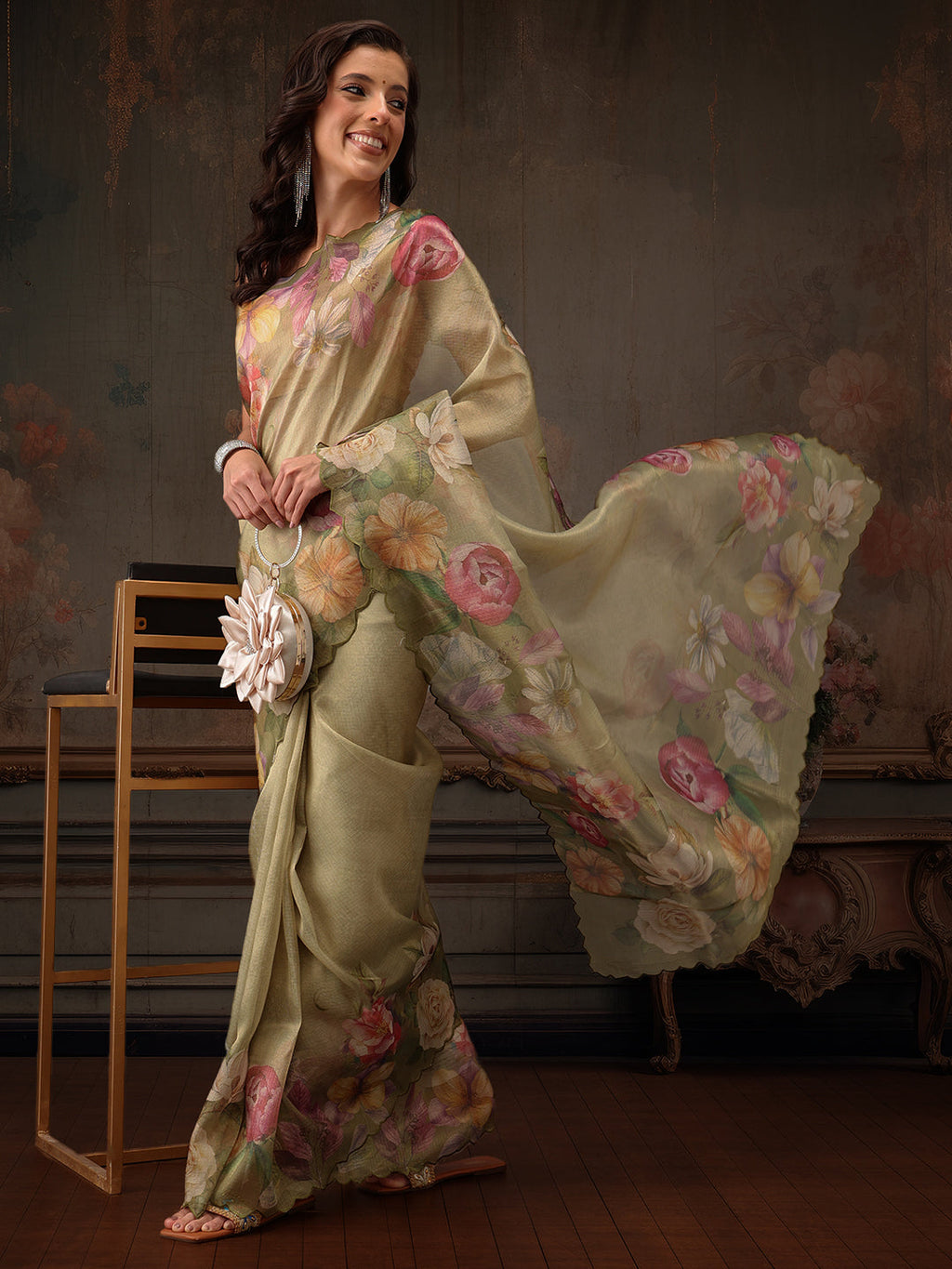 Olive Kota Doria Tissue Silk saree with elegant floral digital print