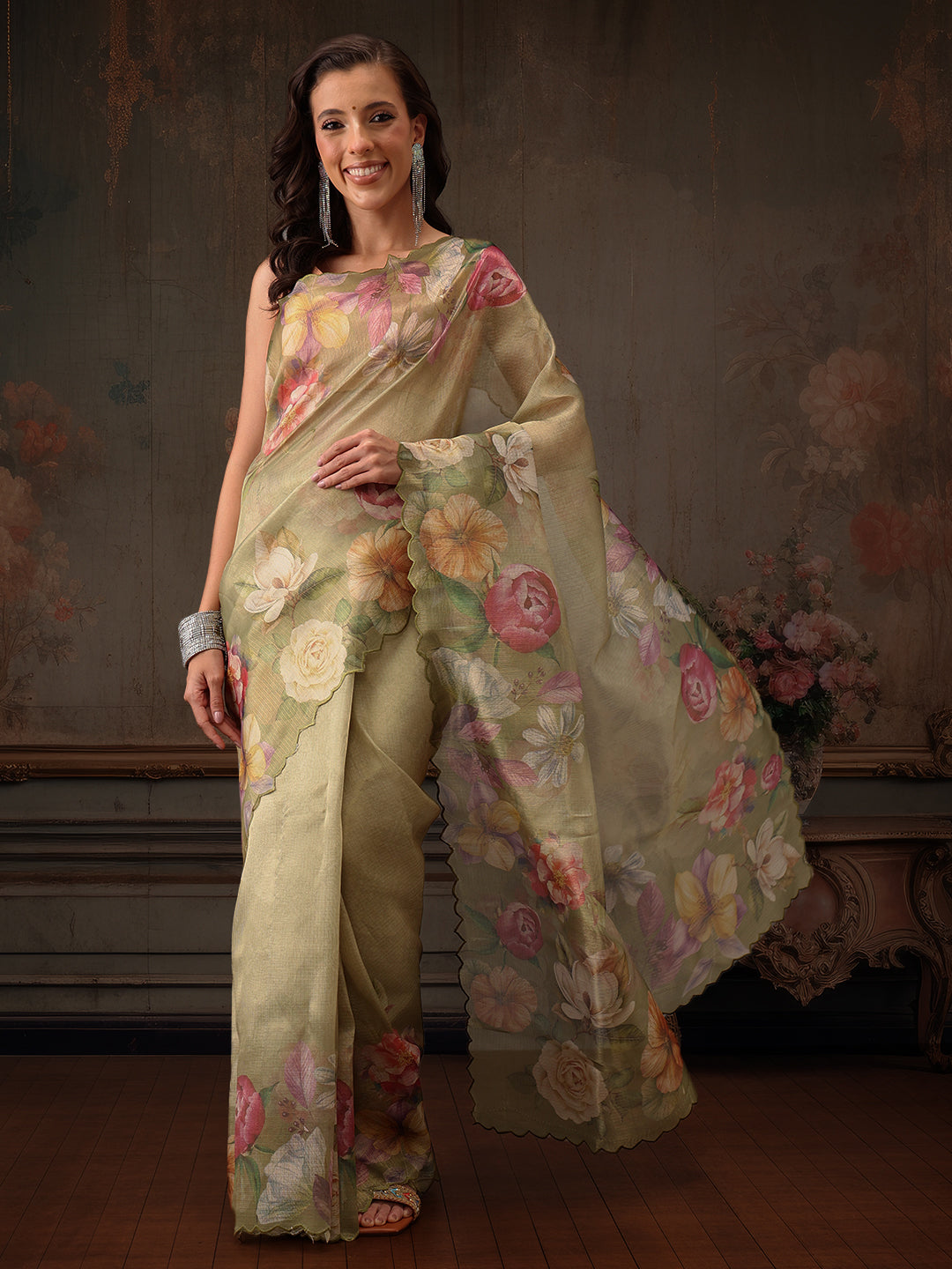 Olive Kota Doria Tissue Silk Saree with Floral Digital Print