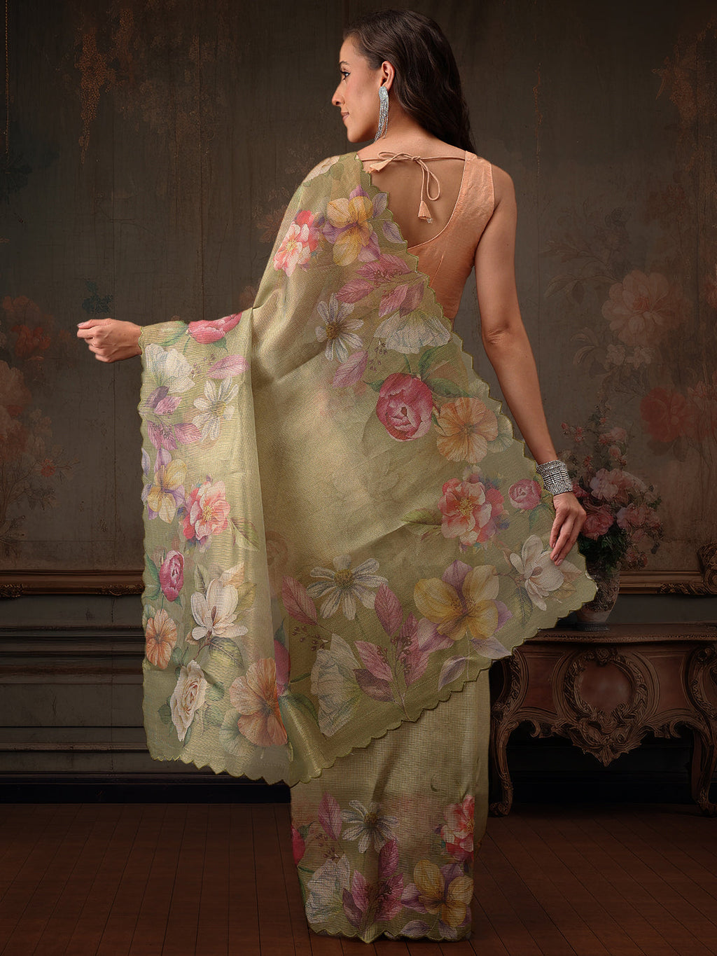 Olive Kota Doria Tissue Silk Saree with Floral Digital Print