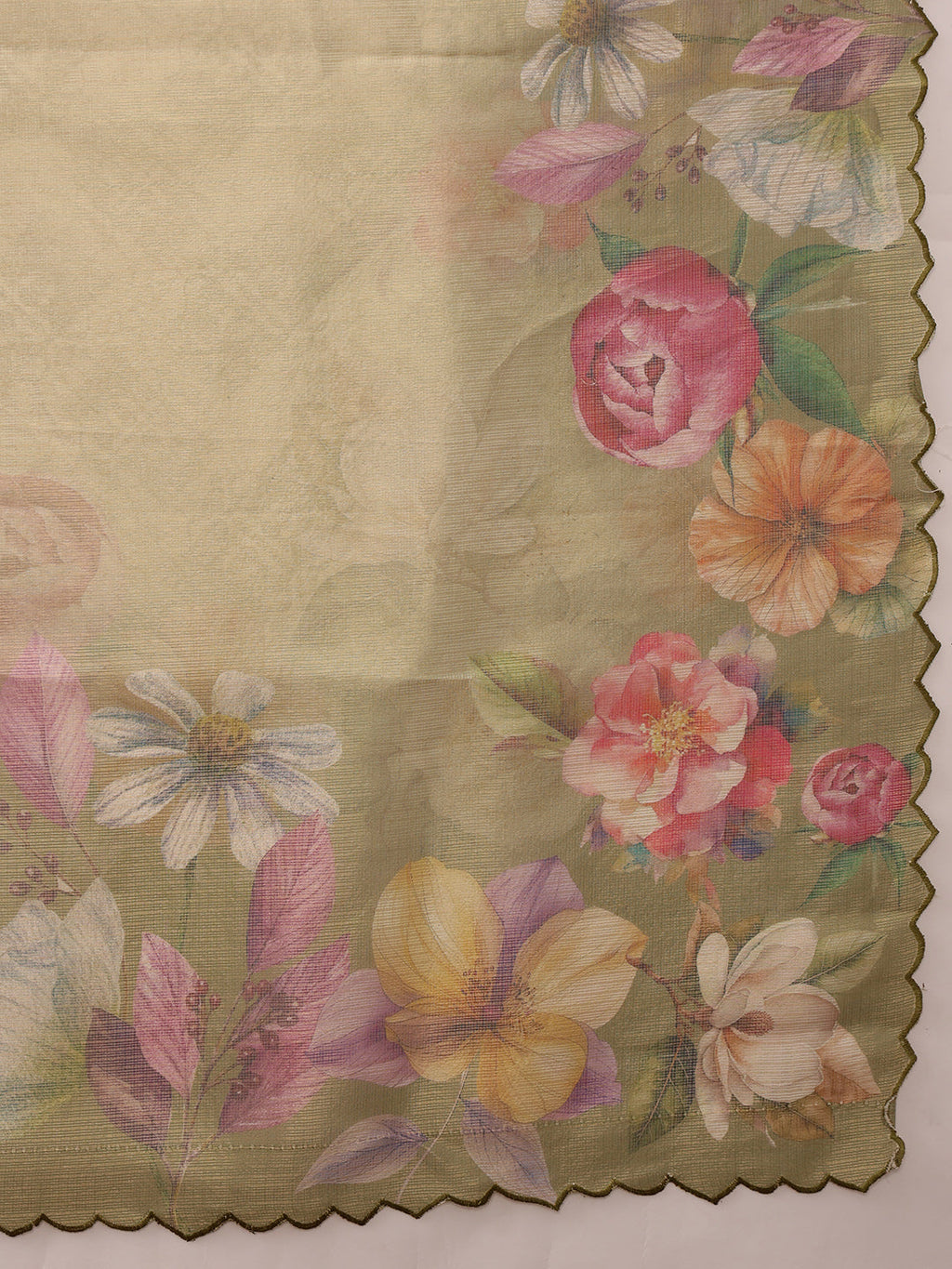 Olive Kota Doria Tissue Silk Saree with Floral Digital Print