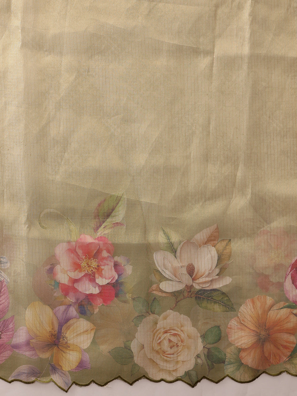 Olive Kota Doria Tissue Silk Saree with Floral Digital Print