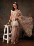 Peach Kota Doria tissue silk saree with floral digital print