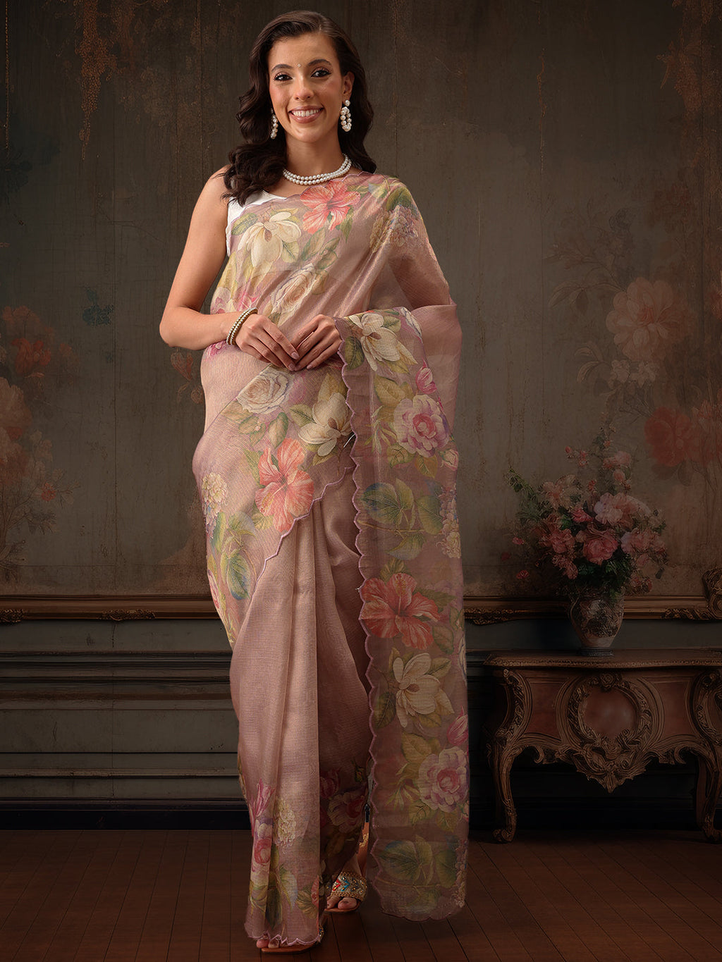 Peach Kota Doria Tissue Silk Saree with Floral Digital Print