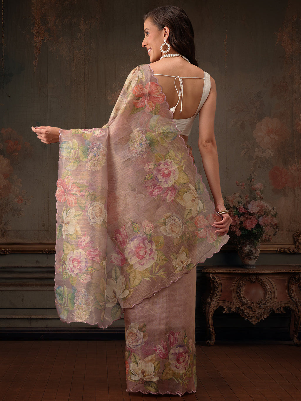 Peach Kota Doria Tissue Silk Saree with Floral Digital Print