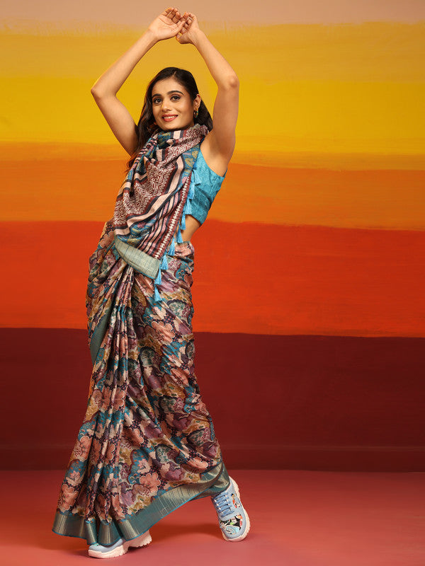 Turquoise Silk Blend Woven Zari Floral Saree with Blouse Piece