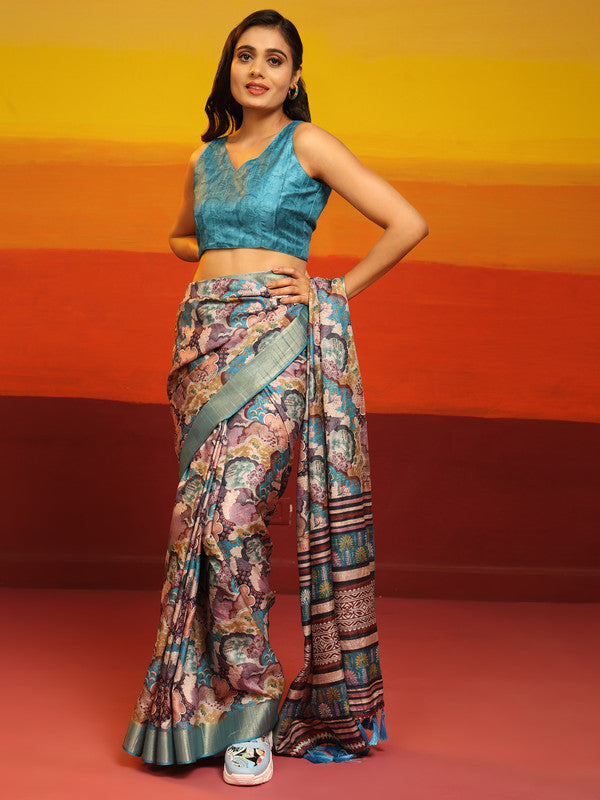 Turquoise Silk Blend Woven Zari Floral Saree with Blouse Piece