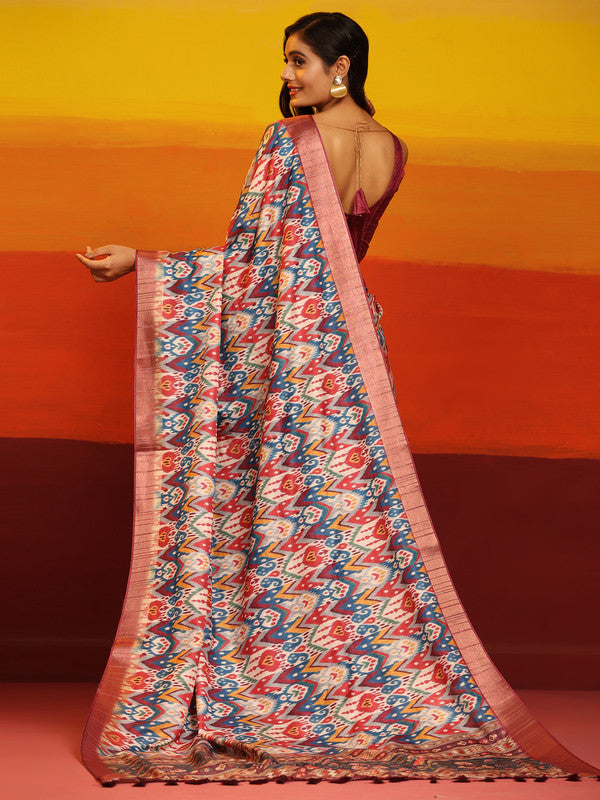 Pink Silk Blend Woven Zari Striped Saree