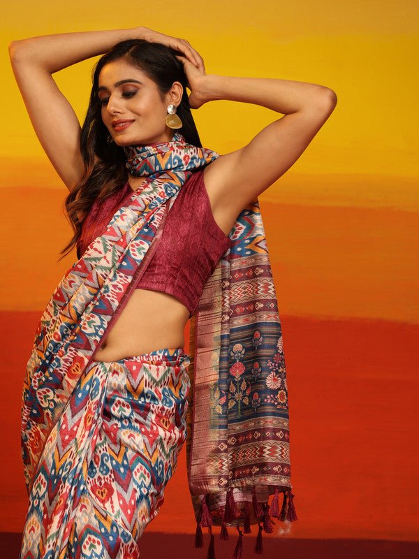 Pink silk blend saree with metallic woven zari stripes