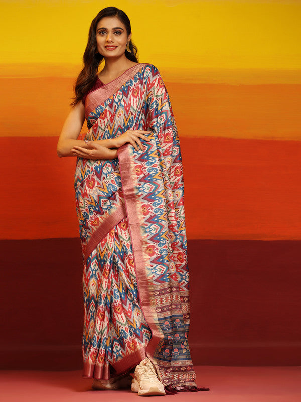 Pink Silk Blend Woven Zari Striped Saree