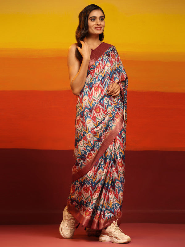 Pink Silk Blend Woven Zari Striped Saree