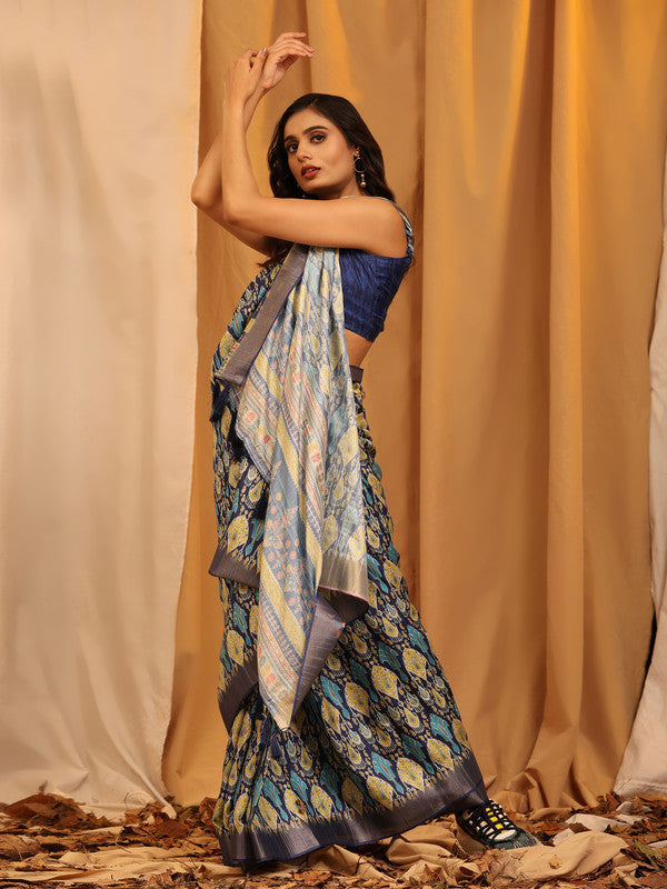 White silk blend saree with woven gold zari ethnic motifs