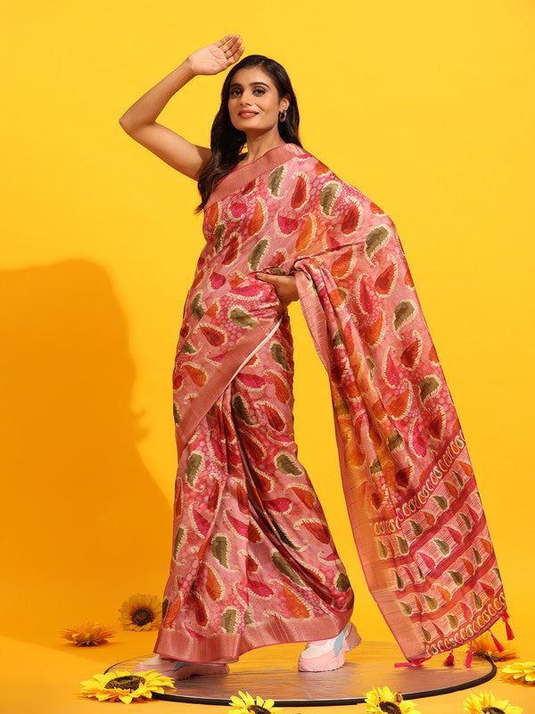 Green silk blend saree with intricate woven Zari paisley patterns and blouse fabric