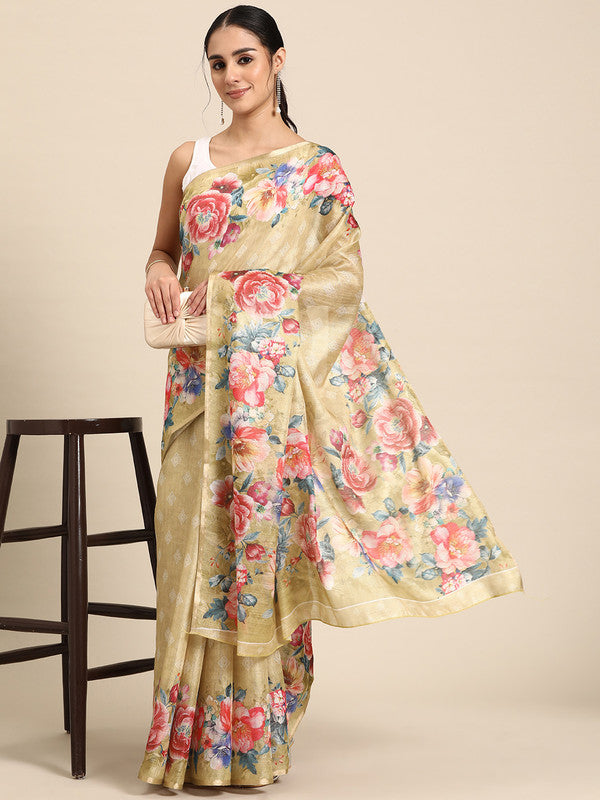 Beige cotton blend digital print floral saree with unstitched blouse