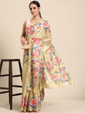 Beige cotton blend digital print floral saree with unstitched blouse
