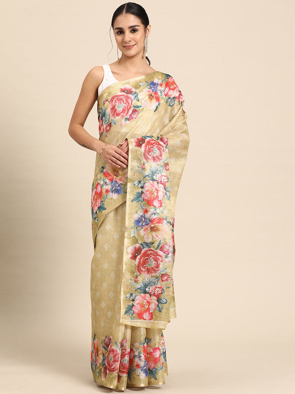 Beige Cotton Blend Digital Print Floral Saree with Blouse Piece