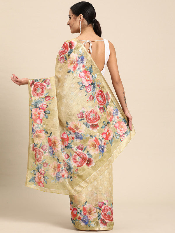 Beige Cotton Blend Digital Print Floral Saree with Blouse Piece