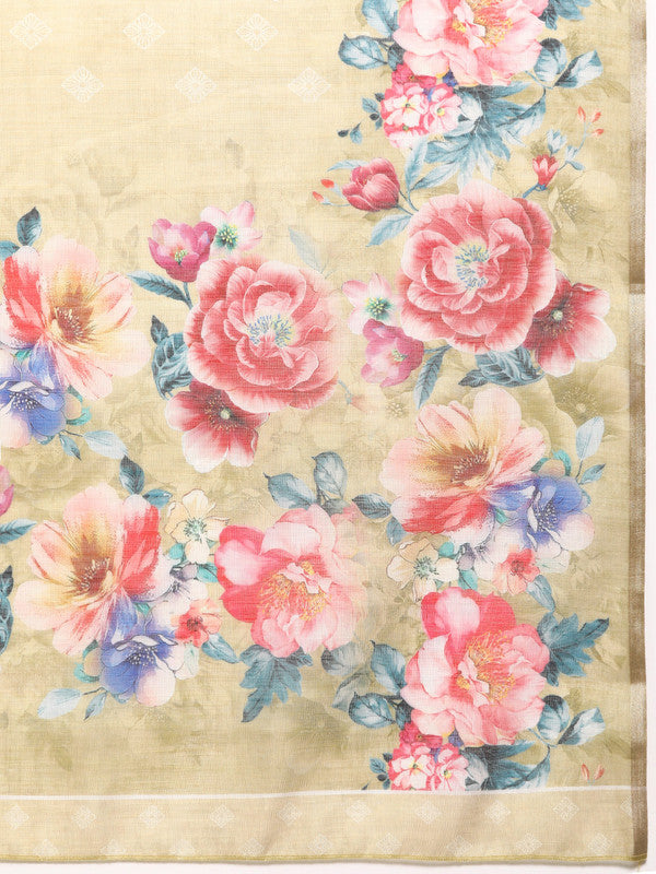 Beige Cotton Blend Digital Print Floral Saree with Blouse Piece