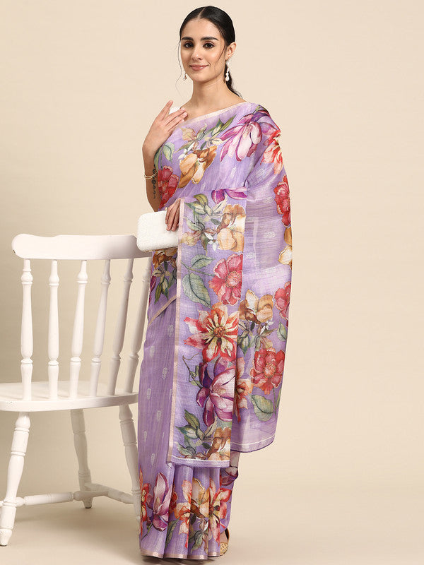 Lavender Cotton Blend Digital Print Floral Saree with Unstitched Blouse - Hiral Fashion