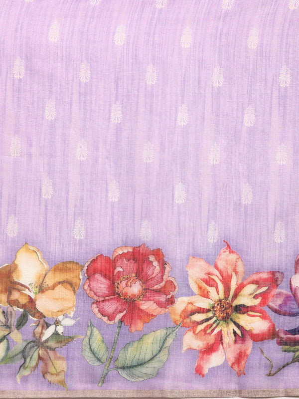Lavender Cotton Blend Digital Print Floral Saree with Unstitched Blouse - Hiral Fashion