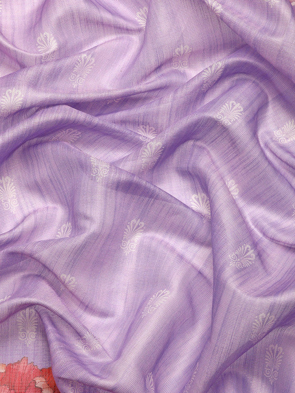 Lavender Cotton Blend Digital Print Floral Saree with Unstitched Blouse - Hiral Fashion