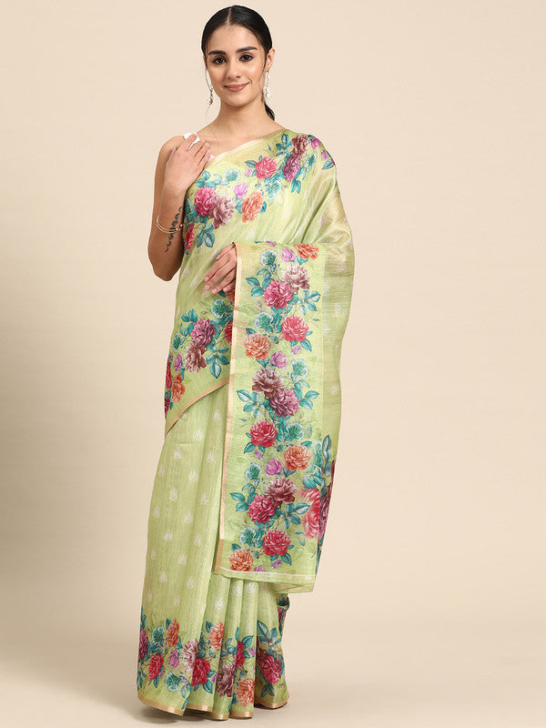 Olive Cotton Blend Digital Print Floral Saree with Unstitched Blouse - Hiral Fashion