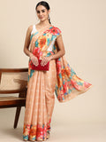 Peach Cotton Blend Digital Print Floral Saree with Unstitched Blouse - Hiral Fashion