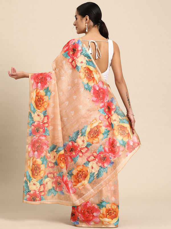 Peach Cotton Blend Digital Print Floral Saree with Unstitched Blouse - Hiral Fashion