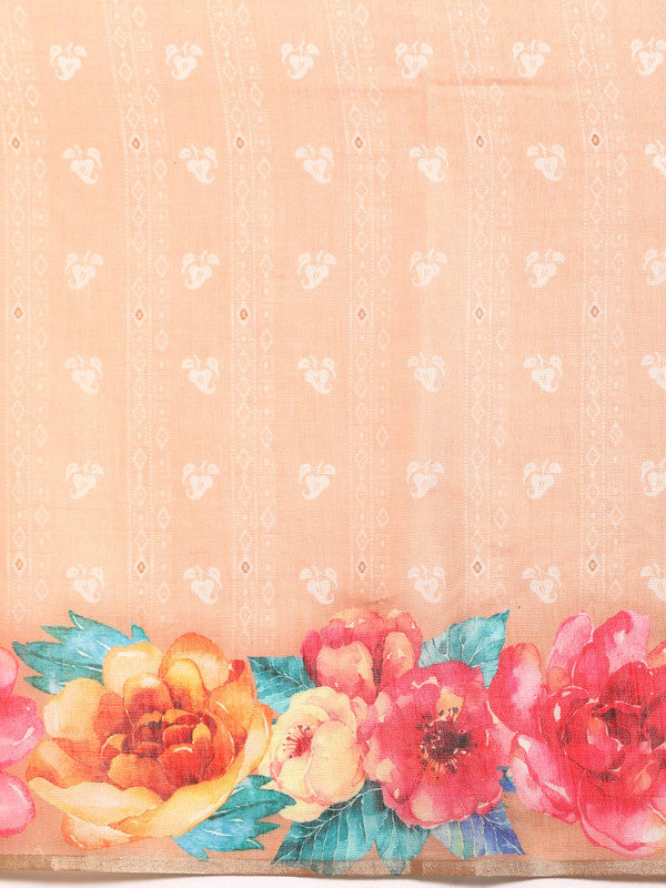 Peach Cotton Blend Digital Print Floral Saree with Unstitched Blouse - Hiral Fashion