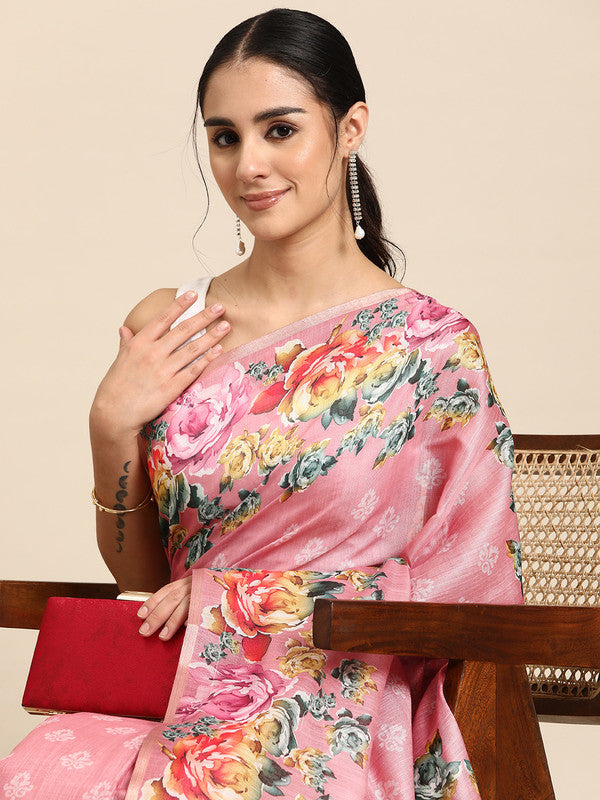 Pink cotton blend saree with digital floral print and matching unstitched blouse.