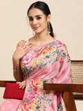 Pink cotton blend saree with digital floral print and matching unstitched blouse.