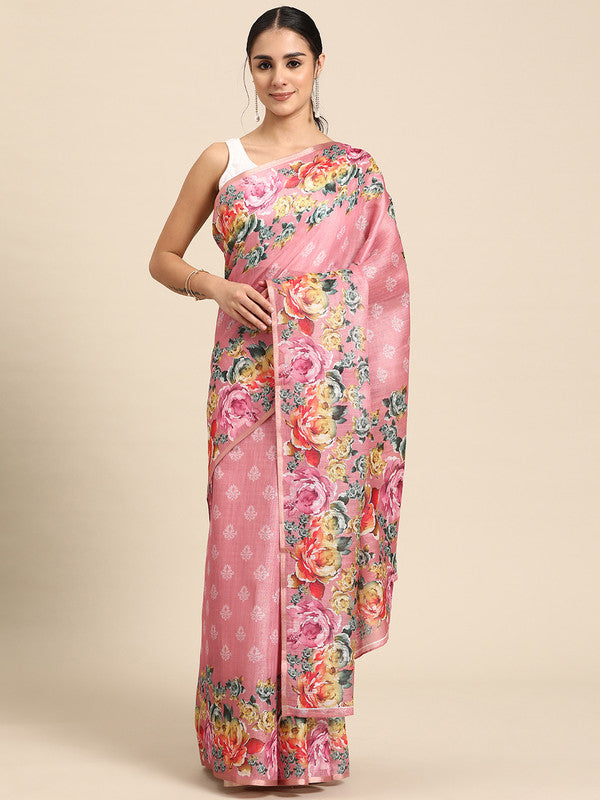 Pink Cotton Blend Floral Digital Print Saree with Blouse