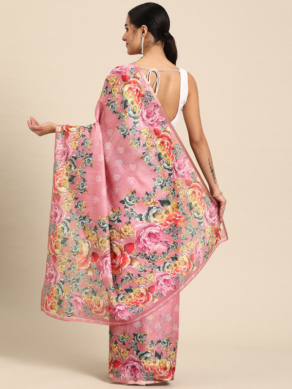 Pink Cotton Blend Floral Digital Print Saree with Blouse