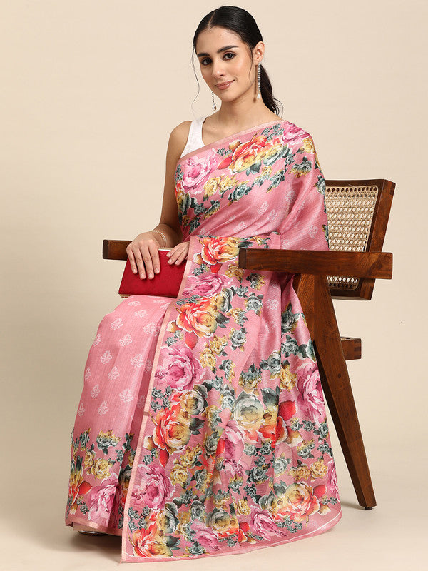 Pink Cotton Blend Floral Digital Print Saree with Blouse