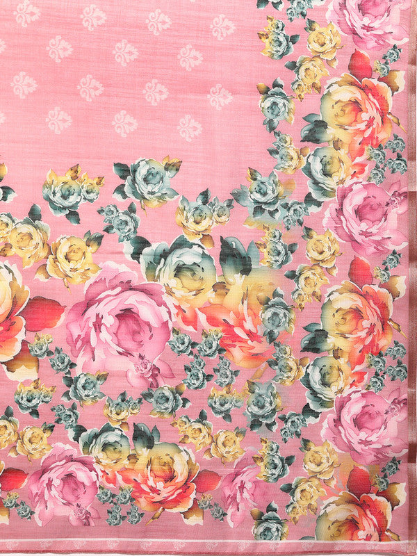 Pink Cotton Blend Floral Digital Print Saree with Blouse