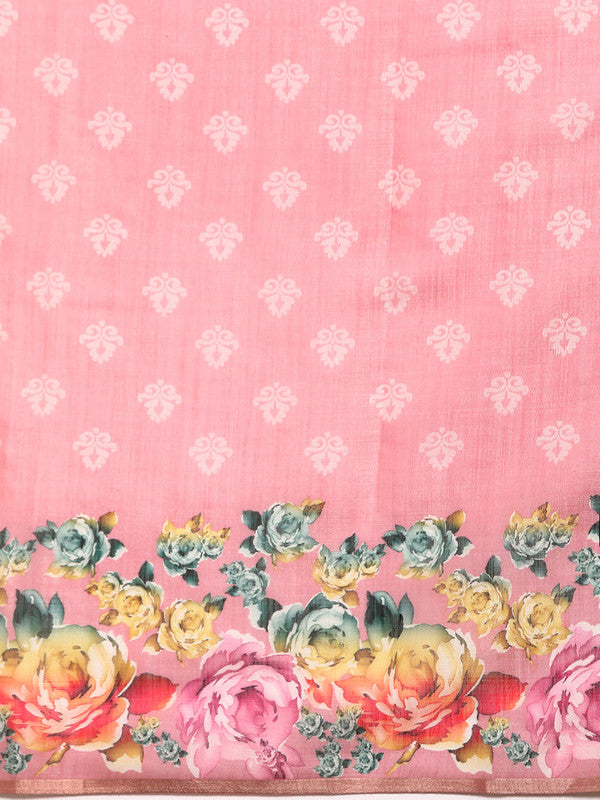 Pink Cotton Blend Floral Digital Print Saree with Blouse