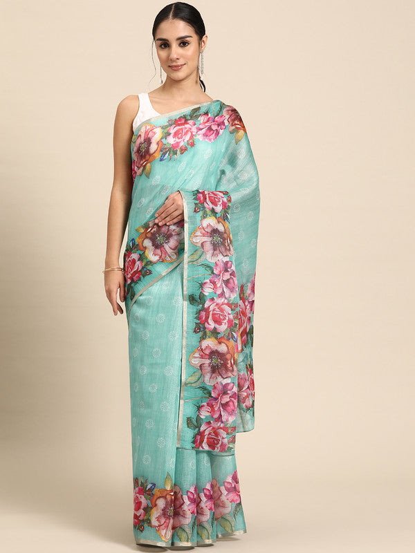 Turquoise Cotton Blend Floral Digital Print Saree with Blouse