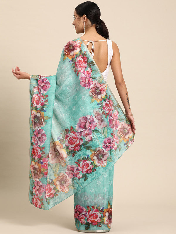 Turquoise Cotton Blend Floral Digital Print Saree with Blouse