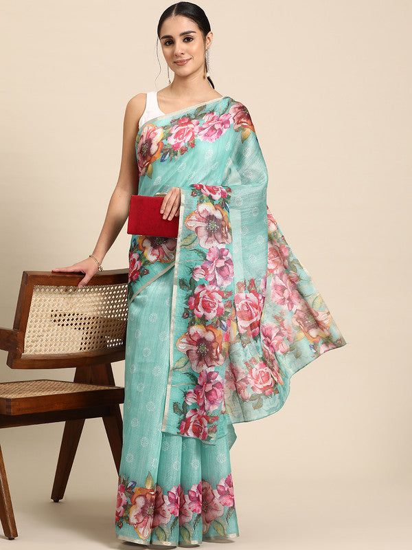 Turquoise Cotton Blend Floral Digital Print Saree with Blouse