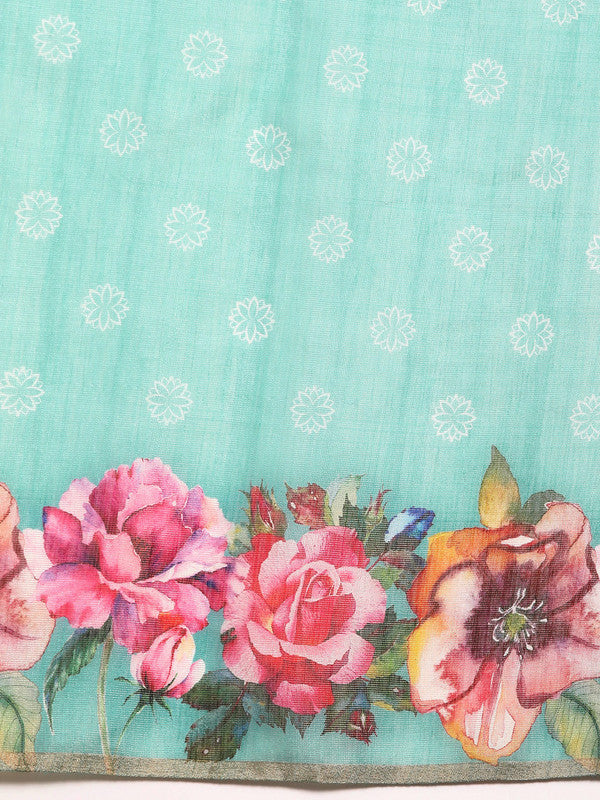 Turquoise Cotton Blend Floral Digital Print Saree with Blouse