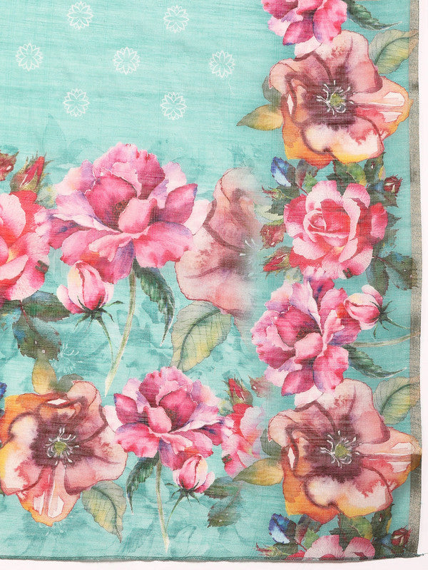 Turquoise Cotton Blend Floral Digital Print Saree with Blouse