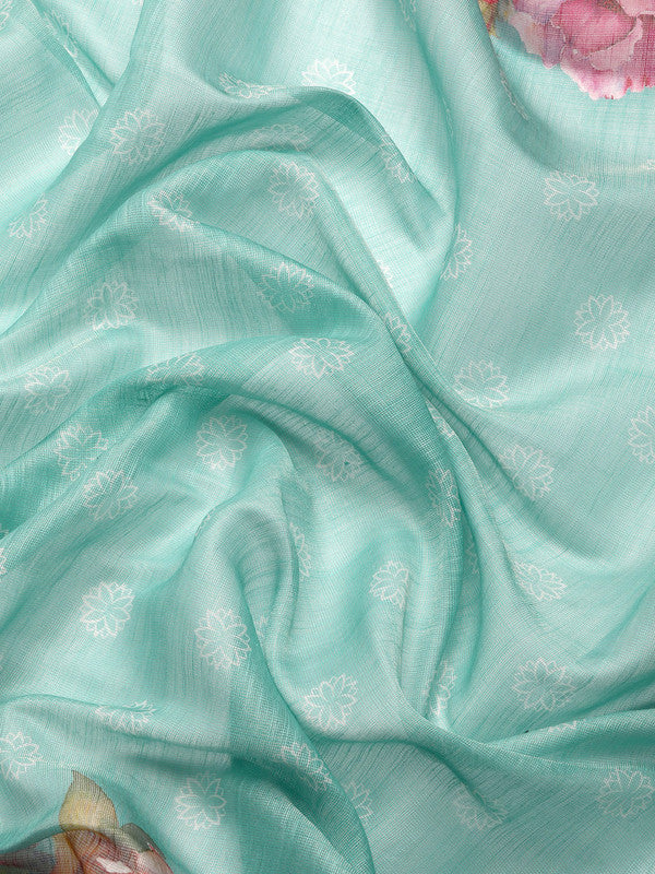 Turquoise Cotton Blend Floral Digital Print Saree with Blouse