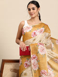 Beige cotton blend saree with digital floral pattern and matching unstitched blouse.