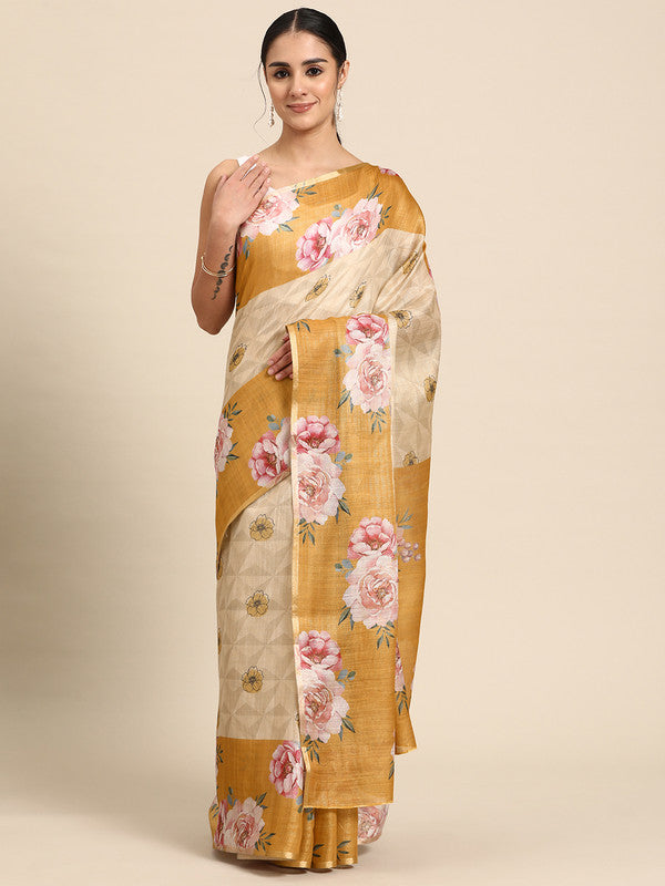 Beige Floral Digital Print Cotton Blend Saree with Blouse Piece