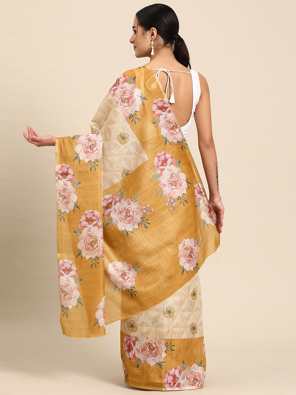 Beige Floral Digital Print Cotton Blend Saree with Blouse Piece