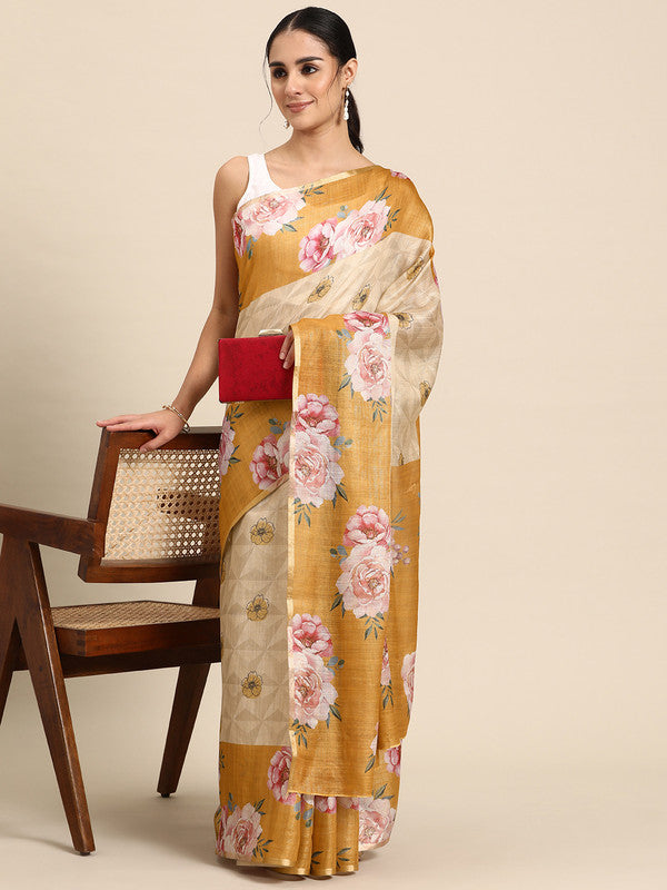 Beige Floral Digital Print Cotton Blend Saree with Blouse Piece