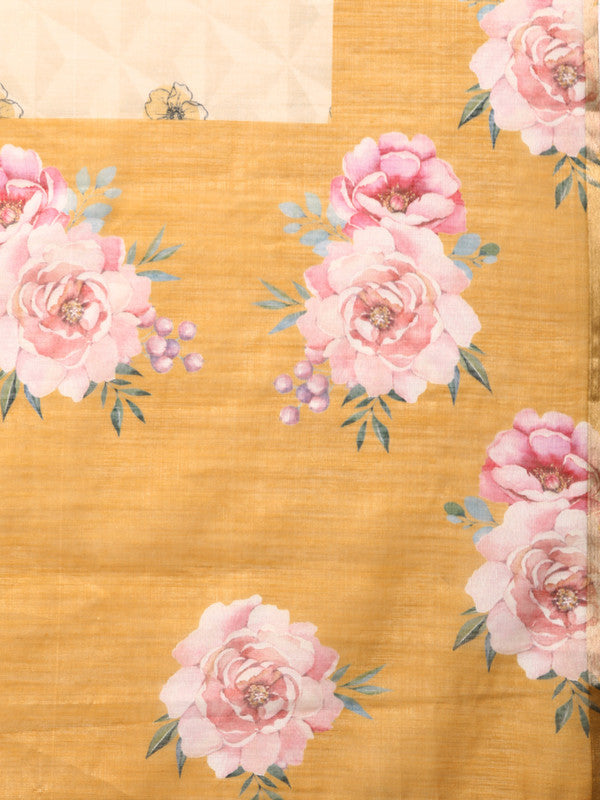 Beige Floral Digital Print Cotton Blend Saree with Blouse Piece